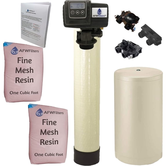 AFWFilters 2 cubic Foot 64k Whole Home Iron Pro Water Softener with Fine Mesh Resin, 3/4" Plastic MNPT Connection, and Almond Tanks