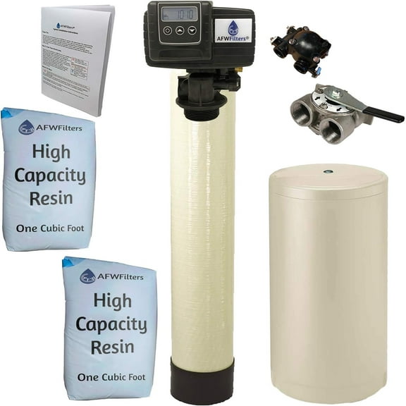 AFWFilters 2 cubic Foot 64k Whole Home Water Softener with High Capacity Resin, 1" Stainless Steel FNPT Connection, and Almond Tanks