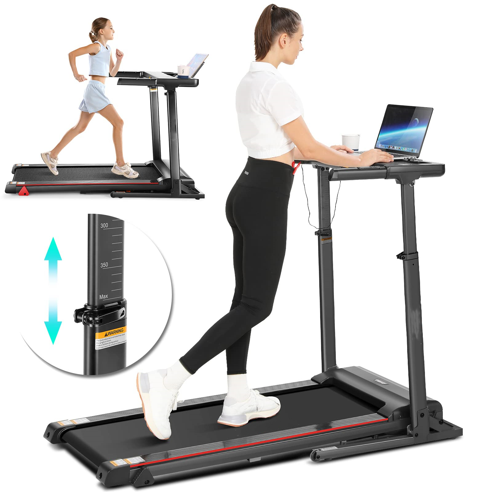 AFitPro 3350" Adjustable Height Treadmill with Desk, 300 LBS Weight Capacity, Folding Treadmill