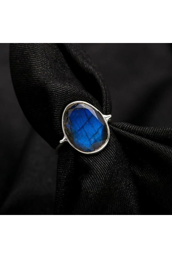 Faceted Labradorite Moonstone Sterling Silver Ring, Size 5-10