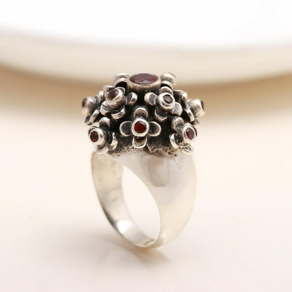 AG 925 Jewellery Floral Designer Red Garnet Ring, Sterling Silver, Sizes 5-10