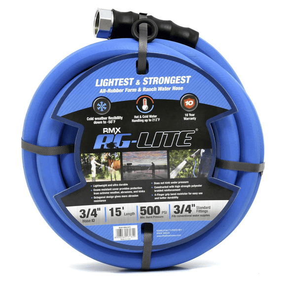 AG-LITE BSAL3415 3/4" x 15' Hot/Cold Water Rubber Garden Hose, 100% Rubber, Ultra-Light, Super Strong, 500 PSI, -50F to 190F Degrees, High Strength Polyester Braided