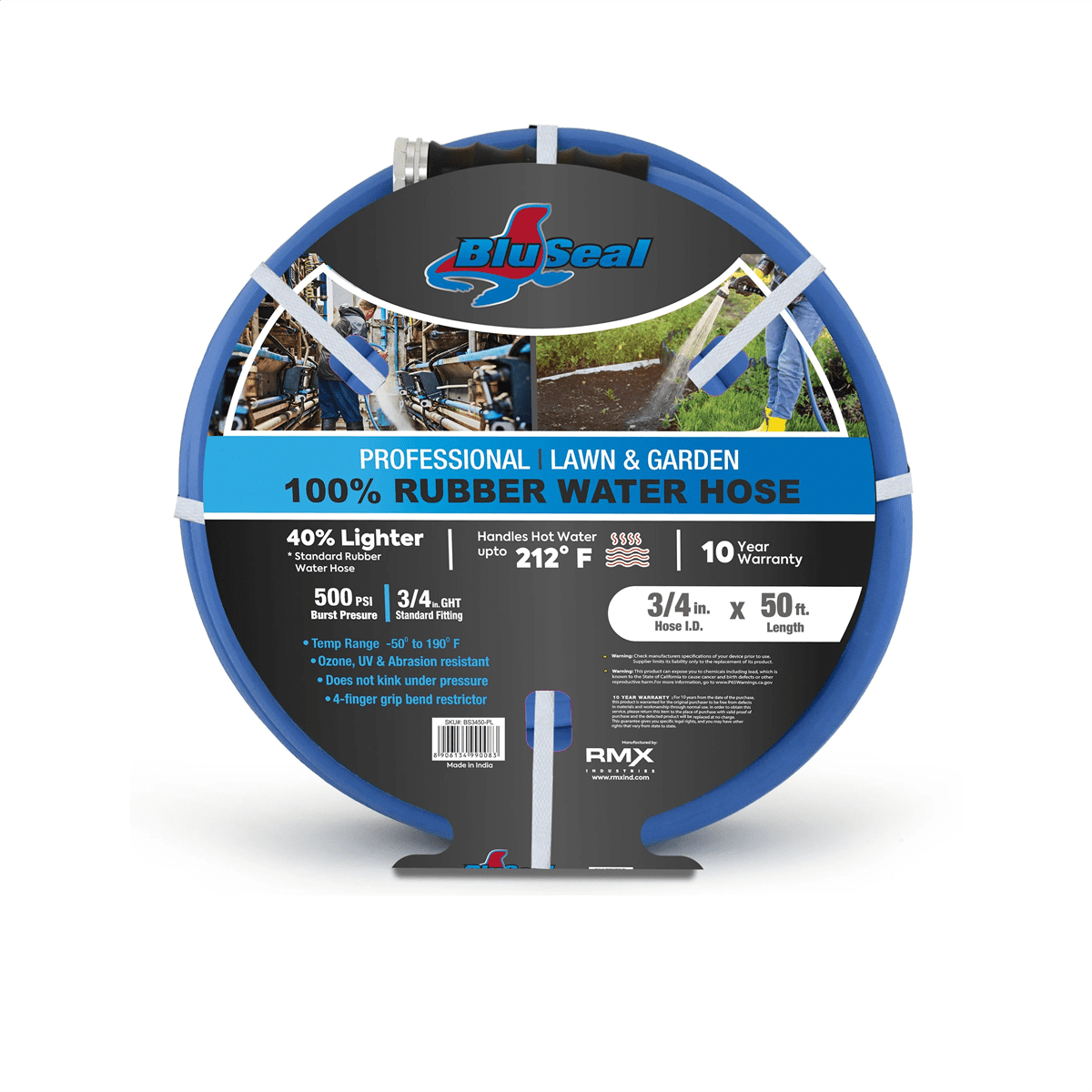 BluBird BluSeal 3/4" Lawn Garden Water Hose Hot/ Cold Lightweight Professional Grade 100% Rubber Hose - 50 Feet