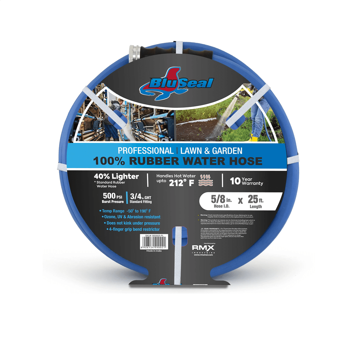 BluBird BluSeal 5/8" Lawn Garden Water Hose Hot/ Cold Lightweight Professional Grade 100% Rubber Hose - 25 Feet