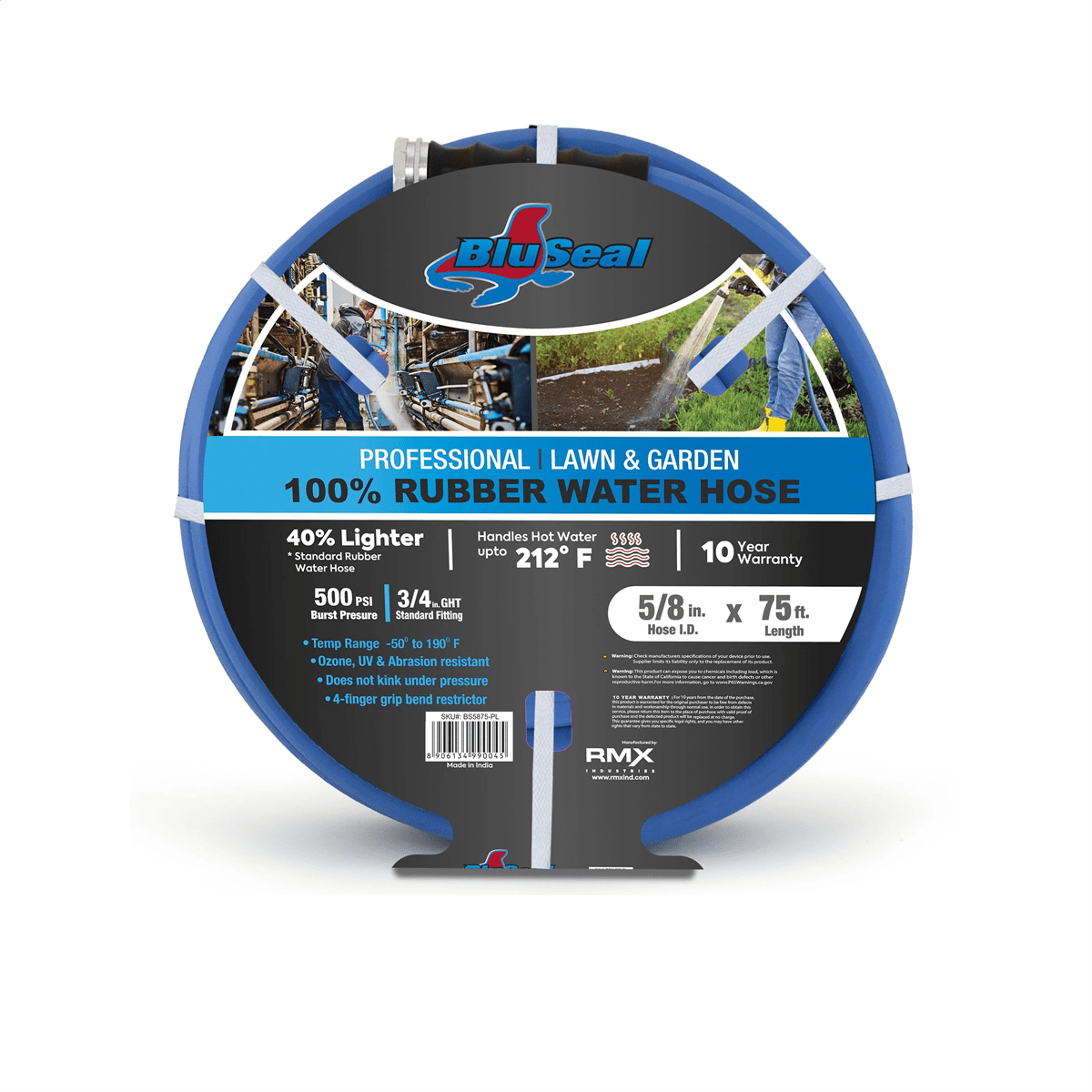 BluBird BluSeal 5/8" Lawn Garden Water Hose Hot/ Cold Lightweight Professional Grade 100% Rubber Hose - 75 Feet