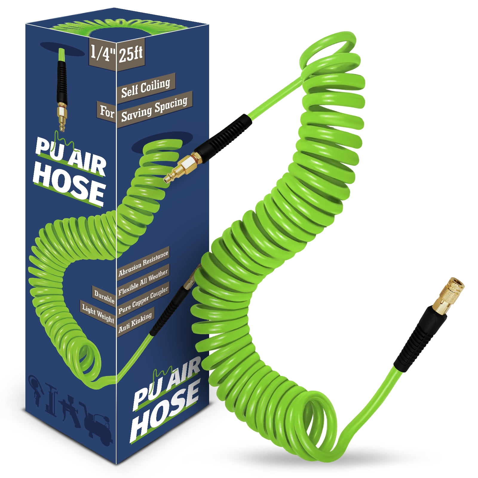 AGALI 1/4 in x 25 ft Air Hose with Bend Restrictor, Air Compressor Hose with 1/4 Solid 100% Pure Copper Quick Connect Fittings and I/M Plug Kit, Coiled PU Air Hoses 1/4", Green