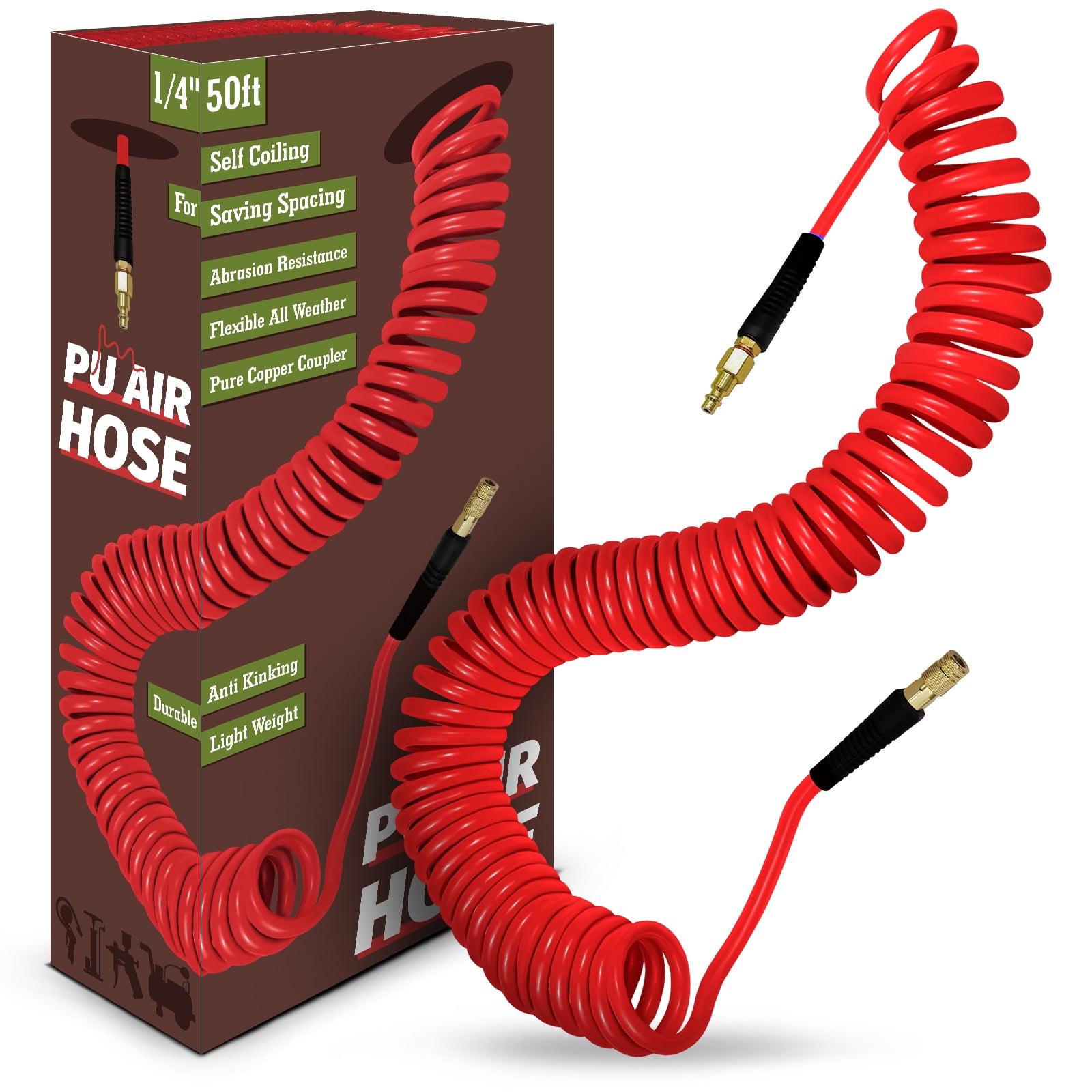 AGALI 1/4 in x 50 ft Polyurethane Air Hose with Bend Restrictor , Air Compressor Hose with 1/4 Solid 100% Pure Copper Quick Connect Fittings and I/M Plug Kit, Coiled PU Air Hose 1/4", Red