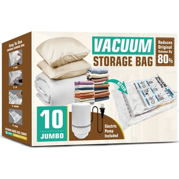 AGALI 10 Pack Jumbo Vacuum Storage Bags with Electric Pump, Space Saver Bag for Clothes, Mattress, Blanket, Duvets, Pillows, Comforters, Travel