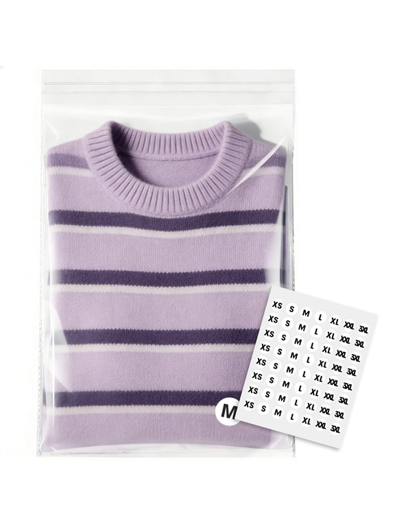 100 Count Self-Sealing Clear Plastic T-Shirt Bags, 12x16 Inches Cellophane Bags for Clothing & Apparel with 100 Round Stickers in Mixed Sizes
