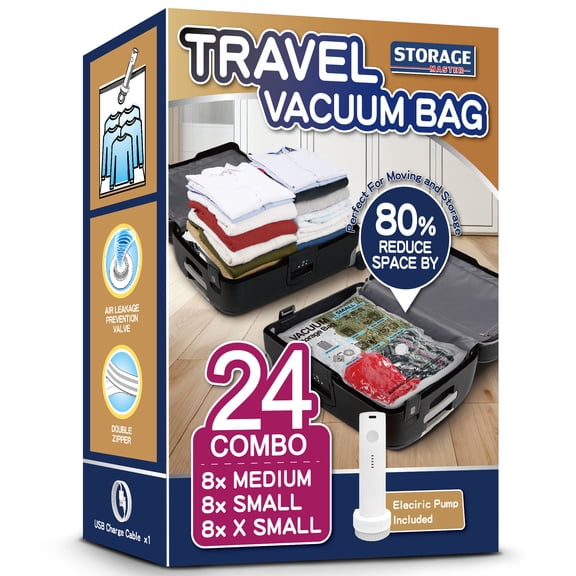 AGALI 24-Pack Vacuum Storage Bags with Electric Pump Included, Space Saver Compression Bags in Mixed Sizes for Clothes, Blankets, Bedding & Travel, Airtight, Waterproof Storage Organizer Set