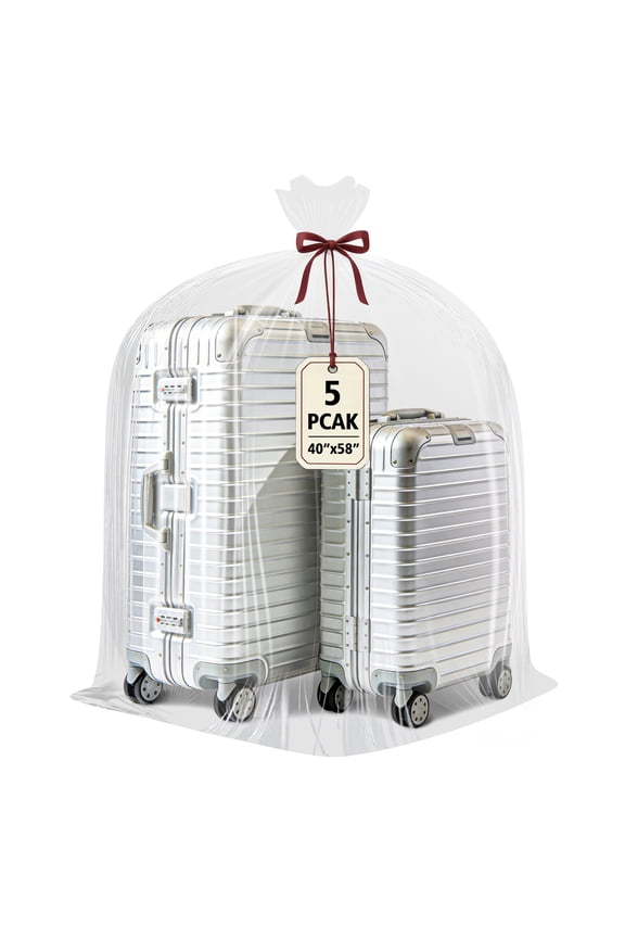 5-Pack Jumbo Clear Plastic Storage Bags with Ties, 2 Mil Thick, Extra Large Protection for Car Seats, Strollers, Suitcases, Clothes, Christmas Trees & Seasonal Storage, 40x60 Inch