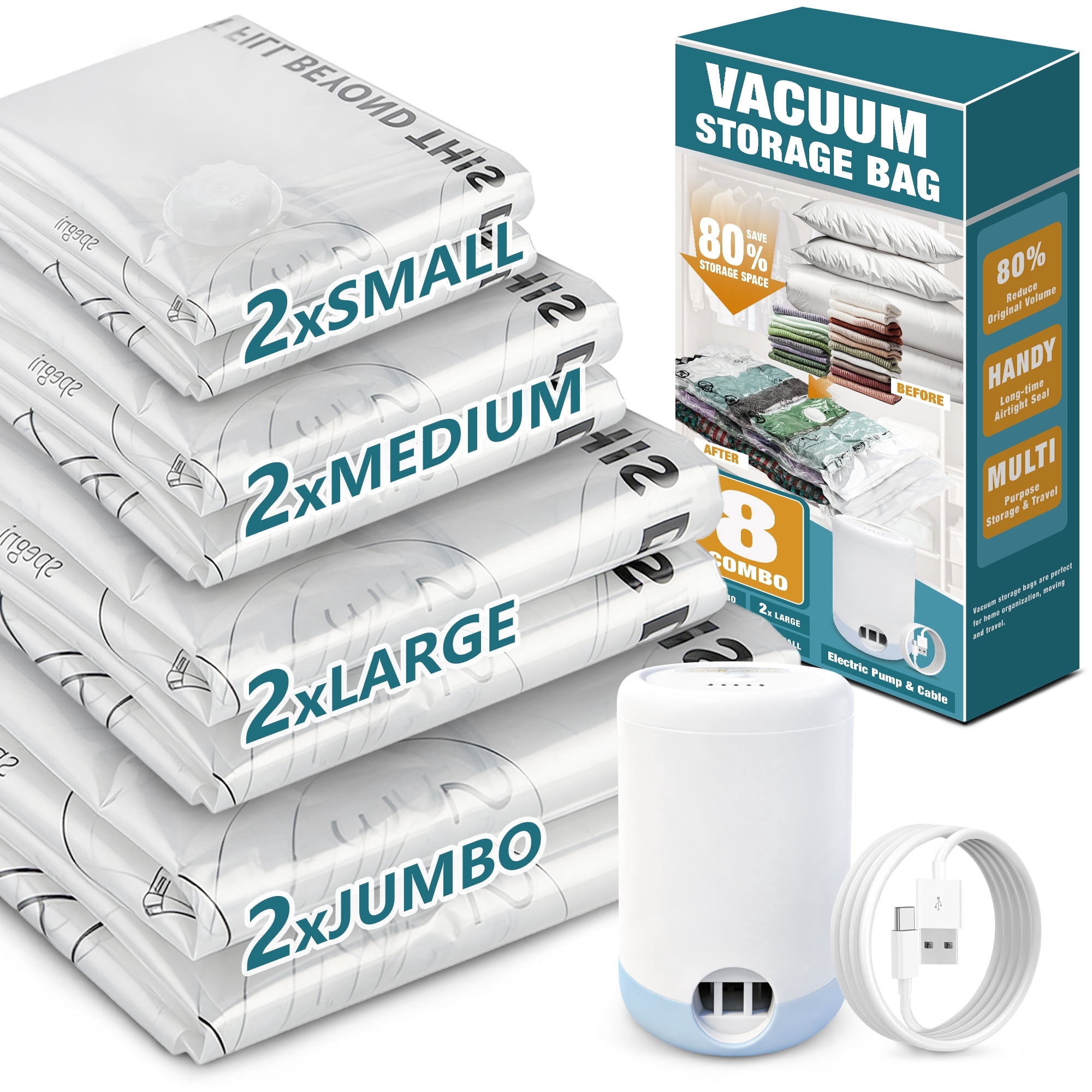 AGALI 8-Pack Vacuum Storage Bags with Electric Pump Included, Space Saver Compression Bags in Mixed Sizes for Clothes, Blankets, Bedding & Travel, Airtight, Waterproof Storage Organizer Set