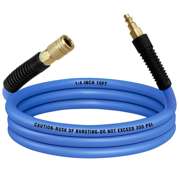 AGALI Air Compressor Hose 1/4 in x 10 ft, 300 PSI Heavy Duty Hybrid Air Hose with Quick Coupler and Plug Kit, Lightweight, Kink Resistant, All Weather Flexibility with Bend Restrictors, Blue