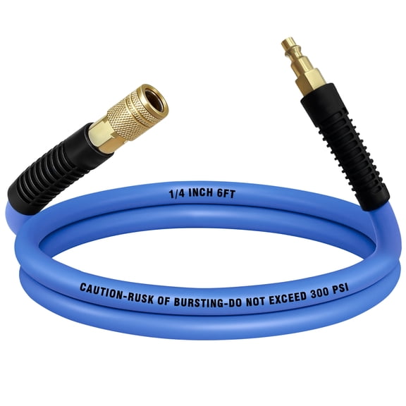 AGALI Air Compressor Hose 1/4 in x 6 ft, 300 PSI Heavy Duty Hybrid Air Hose with Quick Coupler and Plug Kit, Lightweight, Kink Resistant, All Weather Flexibility with Bend Restrictors, Blue