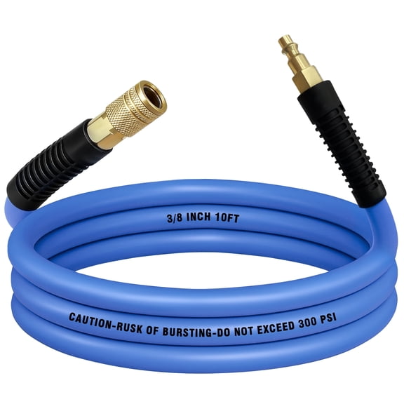 AGALI Air Compressor Hose 3/8 in x 10 ft, 300 PSI Heavy Duty Hybrid Air Hose with Quick Coupler and Plug Kit, Lightweight, Kink Resistant, All Weather Flexibility with Bend Restrictors, Blue