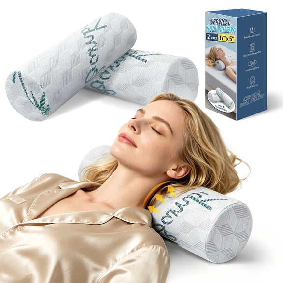 AGALI Cervical Roll Pillow, 2-Pack Round Bolster Pillow with Removable, Washable Cover, 5" x 17" Multi-Purpose Support Pillow for Neck, Back, Legs & Knees, Firm Density Foam for Lasting Comfort