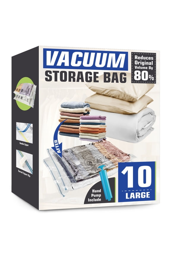 Vacuum Storage Bags, Airtight Space Saver Bags, 10 Large Pack for Clothes, Comforters, Blankets, Bedding