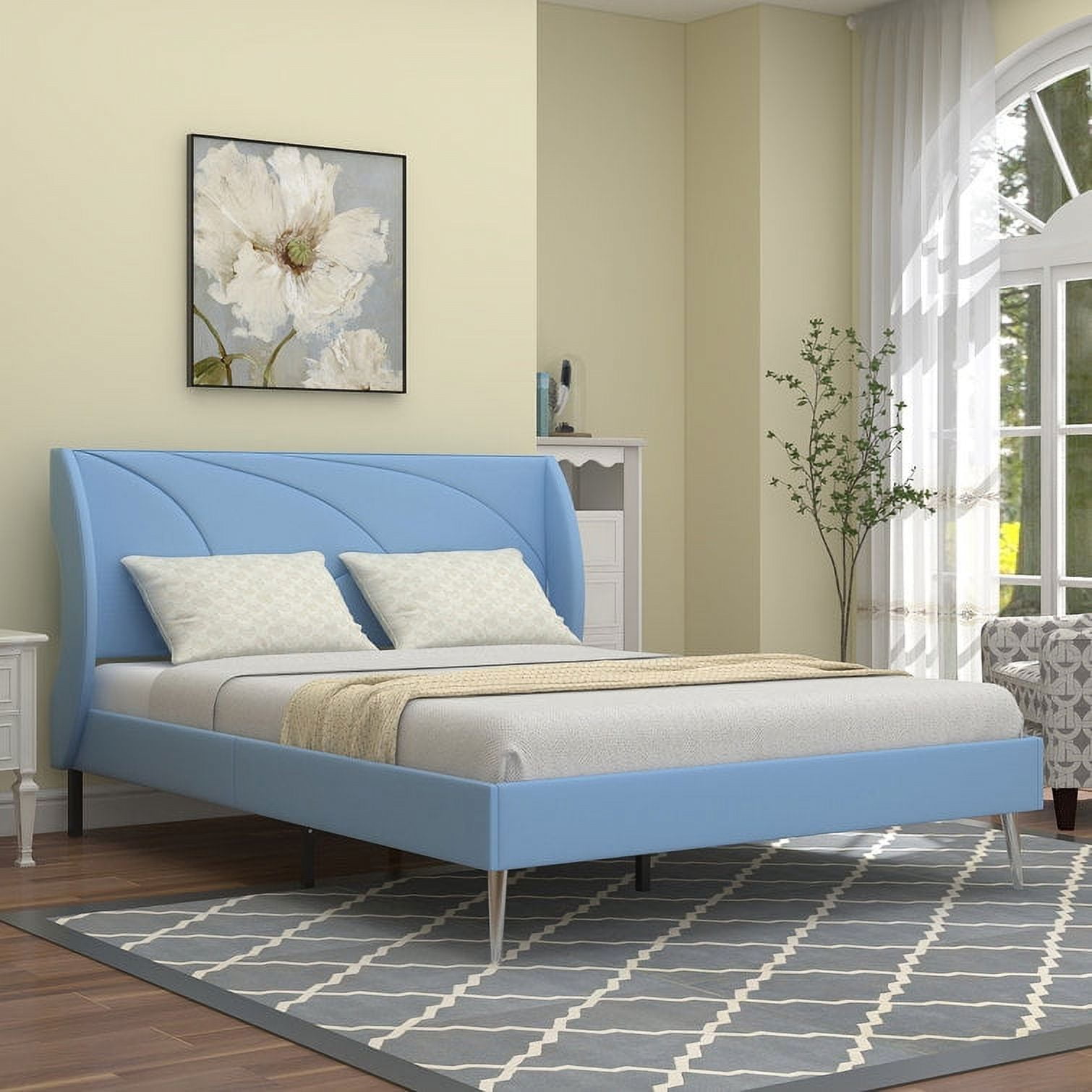 AGARTT Low Profile Upholstered Platform Bed Frame With Wing Headboard