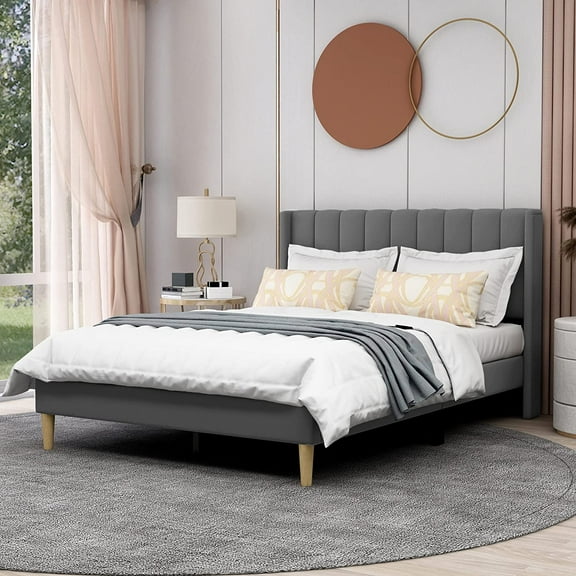 AGARTT Upholstered Platform Bed Frame Full Size with Headboard Wooden Slats Support/No Box Spring Needed/Easy Assembly,Grey