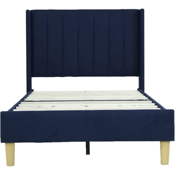 AGARTT Upholstered Platform Bed Frame Twin Size with Headboard and Footboard/Wooden Slats Support/No Box Spring Needed/Easy Assembly,Dark Blue Linen