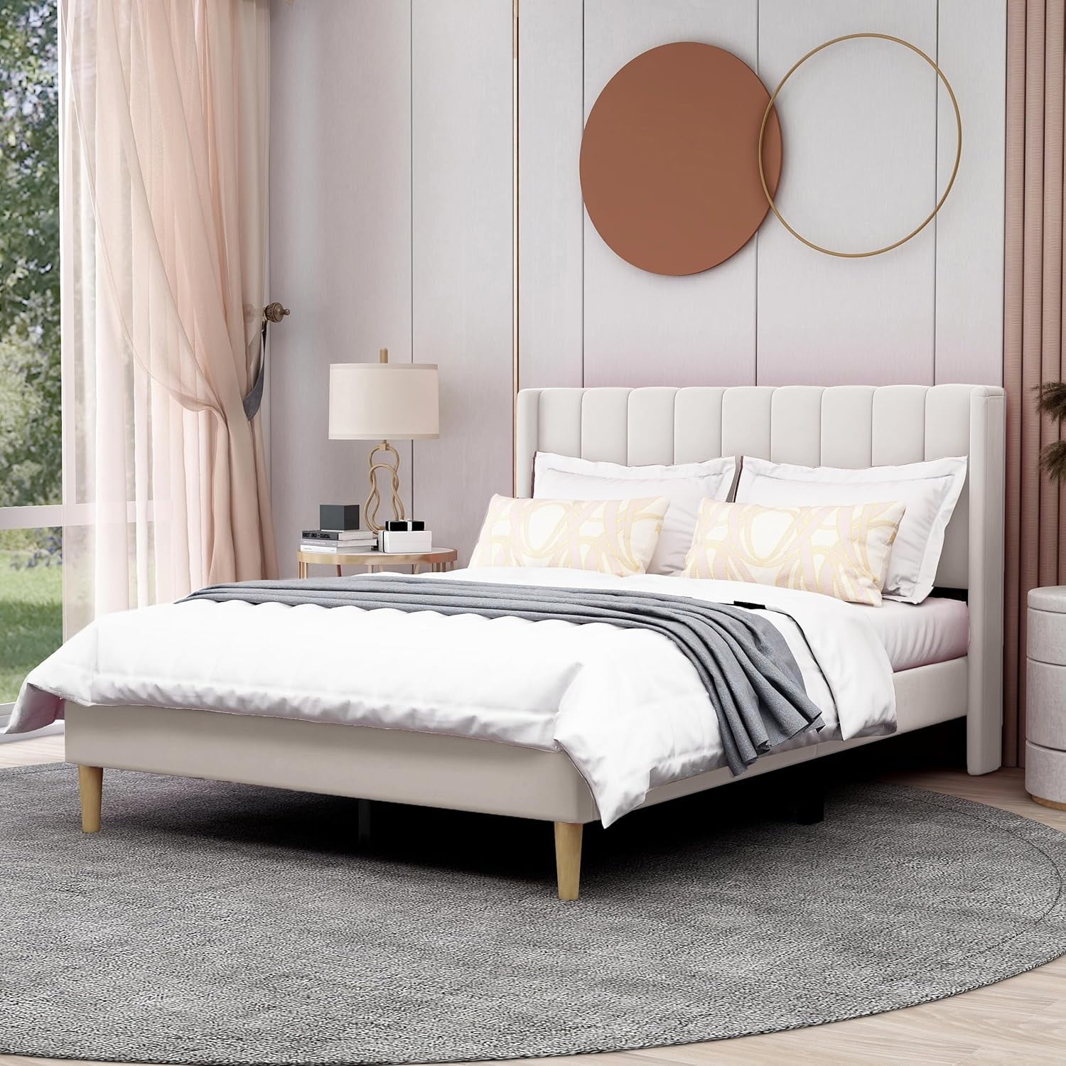 AGARTT Upholstered Platform Full Size Bed Frame with Headboard Wooden Slats Support,Beige Velvet