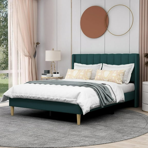 AGARTT Upholstered Platform Full Size Bed Frame with Headboard Wooden Slats Support,Green Velvet