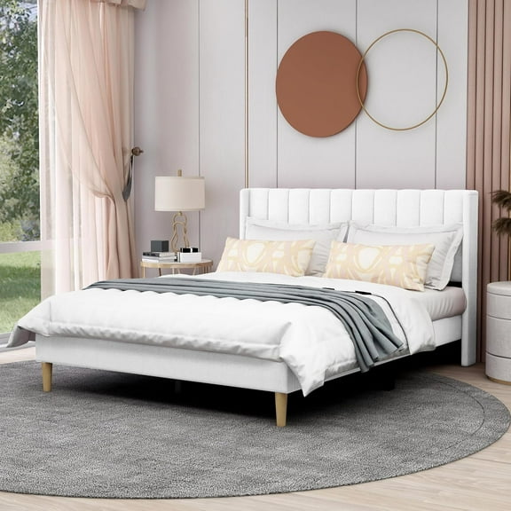 AGARTT Upholstered Platform King Size Bed Frame with Headboard Wooden Slats Support,White Linen