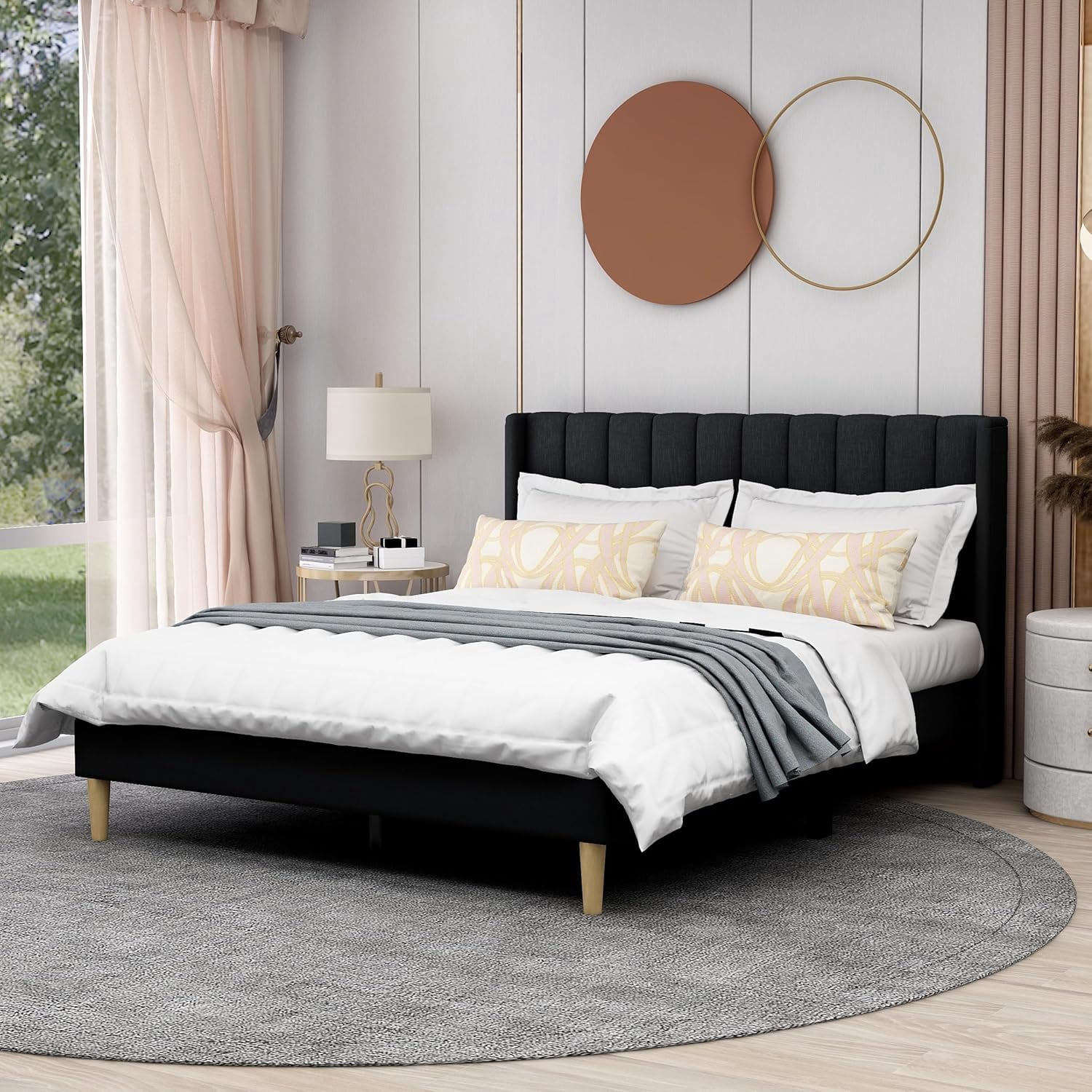 AGARTT Upholstered Platform Queen Size Bed Frame with Headboard Wooden Slats Support,Black Linen