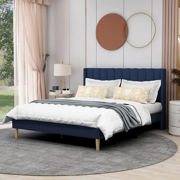 AGARTT Upholstered Platform Queen Size Bed Frame with Headboard Wooden Slats Support,Blue Velvet