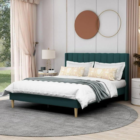 AGARTT Upholstered Platform Queen Size Bed Frame with Headboard Wooden Slats Support,Green Velvet