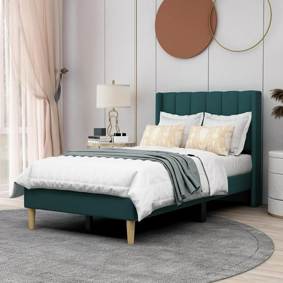AGARTT Upholstered Platform Twin Size Bed Frame with Headboard Wooden Slats Support,Green Velvet