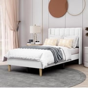 AGARTT Upholstered Platform Twin Size Bed Frame with Headboard Wooden Slats Support,White Linen