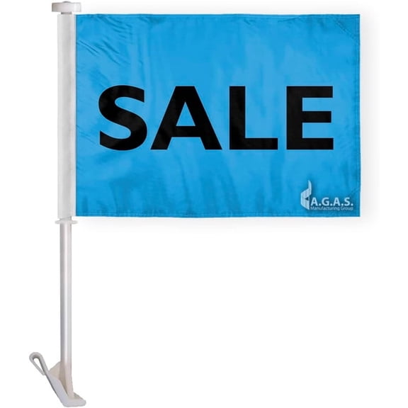 AGAS 10.5" x 15.5" Inch SALE Auto Dealership Premium Car Flag, Blue & Black, Printed on Wrap Knitted Polyester, Mounted on 19" Tall White Plastic Stiff Pole with a Window Plastic Clip On