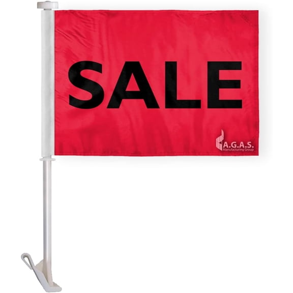 AGAS 10.5" x 15.5" Inch SALE Auto Dealership Premium Car Flag, Red & Black, Printed on Wrap Knitted Polyester, Mounted on 19" Tall White Plastic Stiff Pole with a Window Plastic Clip On.