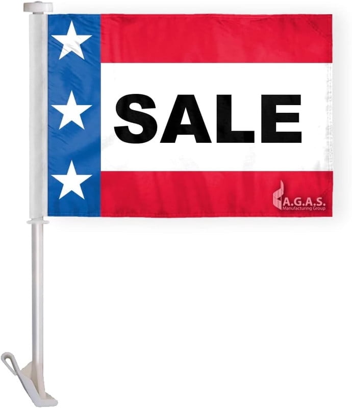 AGAS 10.5" x 15.5" Inch SALE Auto Dealership Premium Car Flag, USA Stars & Stripes Design, Printed on Wrap Knitted Polyester, Mounted on 19" Tall White Plastic Stiff Pole with a Clip On