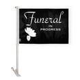 thumbnail image 1 of AGAS 10.5x15 inch Funeral In Progress Premium Car Flag Black & White Flower Design - Double Sided Super Knit Polyester 19 Inch White Plastic Unbreakable Stiff Pole, 1 of 1
