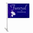 thumbnail image 1 of AGAS 10.5x15 inch Funeral In Progress Premium Car Flag Purple & White Flower Design - Double Sided Super Knit Polyester Fabric - 19 Inch White Plastic Unbreakable Stiff Pole, 1 of 1
