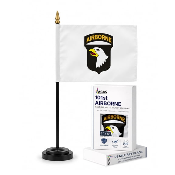AGAS 101st Airborne Stick Flag - 4x6 inch - Special Military Flags - Printed Polyester - Mounted on 11" x 3/16" dia Black Plastic Pole with Gold Ball Spear Top-Handheld Flag.