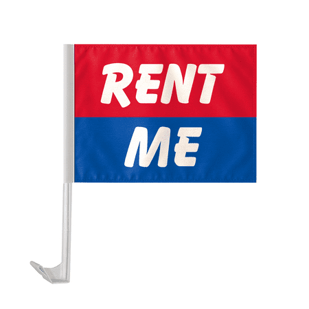 AGAS 12" x 16" Inch RENT ME Auto Dealership Car Flag, Printed on Wrap Knitted Polyester, Mounted on 17" Tall White Plastic Flex Pole with a Window Plastic Clip On.