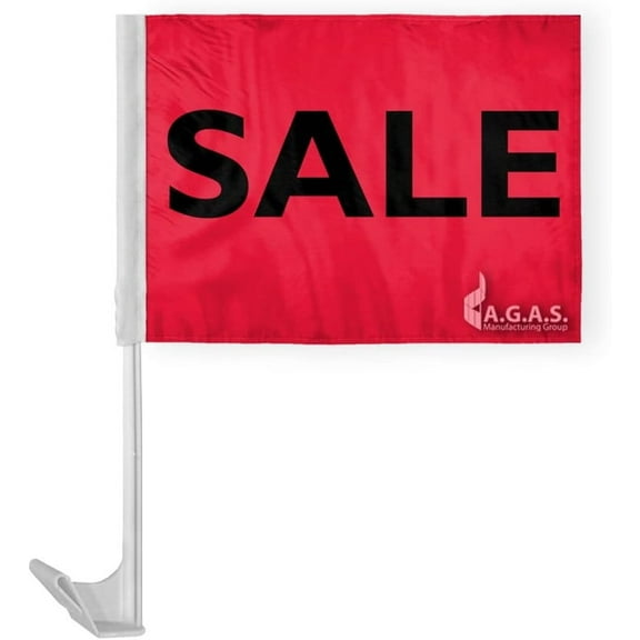 AGAS 12" x 16" Inch SALE Auto Dealership Car Flag, Red & Black, Printed on Economy Polyester, Mounted on 17" Tall White Plastic Flex Pole with a Window Plastic Clip On