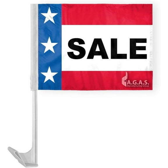 AGAS 12" x 16" Inch SALE Auto Dealership Car Flag, USA Stars & Stripes Design, Printed on Economy Polyester, Mounted on 17" Tall White Plastic Flex Pole with a Window Plastic Clip On