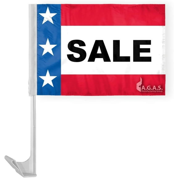 AGAS 12" x 16" Inch SALE Auto Dealership Car Flag, USA Stars & Stripes Design, Printed on Wrap Knitted Polyester, Mounted on 17" Tall White Plastic Flex Pole with a Window Plastic Clip On.