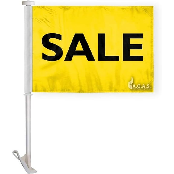 AGAS 12" x 16" Inch SALE Auto Dealership Car Flag, Yellow & Black, Printed on Economy Polyester, Mounted on 17" Tall White Plastic Flex Pole with a Window Plastic Clip On