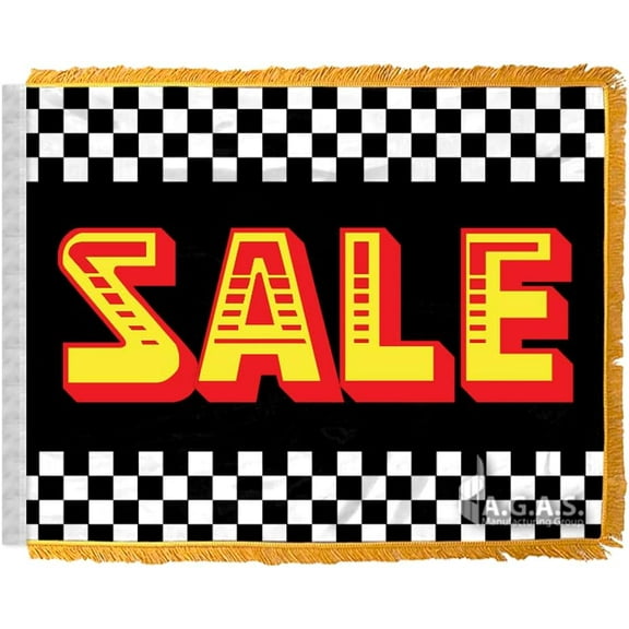 AGAS 12" x 18" Inch CHECKERED SALE Auto Dealership Car Antenna Flag, Black, Yellow & Red, Printed on Wrap Knitted Polyester, With 0.5" Inch Gold Fringe Border(Flag only, No Pole).