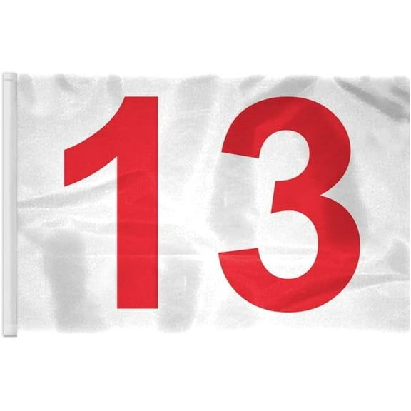 AGAS 14x20 inch Numbered Golf Flag with Tube Inserted Numbered# 13, Red Text On White Background