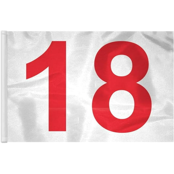 AGAS 14x20 inch Numbered Golf Flag with Tube Inserted Numbered# 18, Red Text On White Background