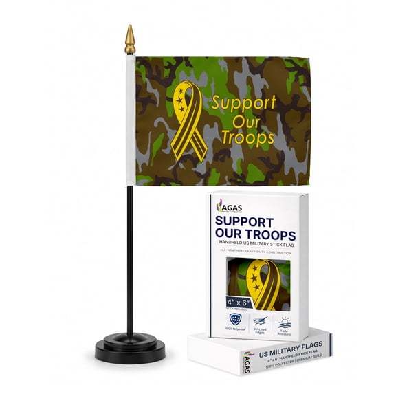 AGAS 4x6 Inch Us support our troops camouflag mini Military Stick Flags- mounted on 11 inch Black Plastic Pole with a gold ball spear top