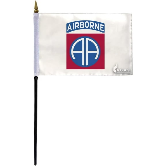 AGAS 82nd Airborne Stick Flag - 4x6 inch - Special Military Flags - Printed Polyester - Mounted on 11" x 3/16" dia Black Plastic Pole with Gold Ball Spear Top-Handheld Flag.