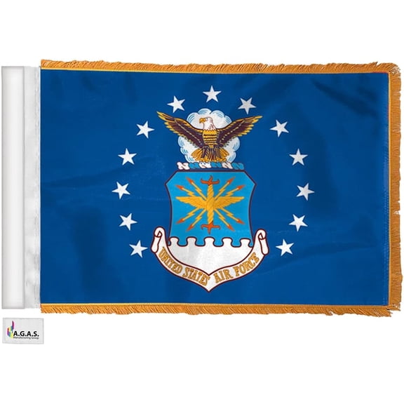 AGAS Air Force Car Antenna Flag - 12x18 inch - Single Sided Printed Wrap Knitted Polyester - Double Stitched Edges - With 32"x7/8" PVC sleeve.