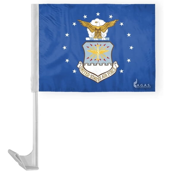 AGAS Air Force Car Flag - 12x16 inch - Single Sided Printed Polyester - Double Stitched Edges - 17 inch White Plastic Flexible Pole with a Window Plastic Clip On.